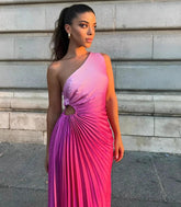 Comprar Vestido Midi Um Ombro Só Plissado Elegante para Madrinha e Convidadas Rosa - Anellimn